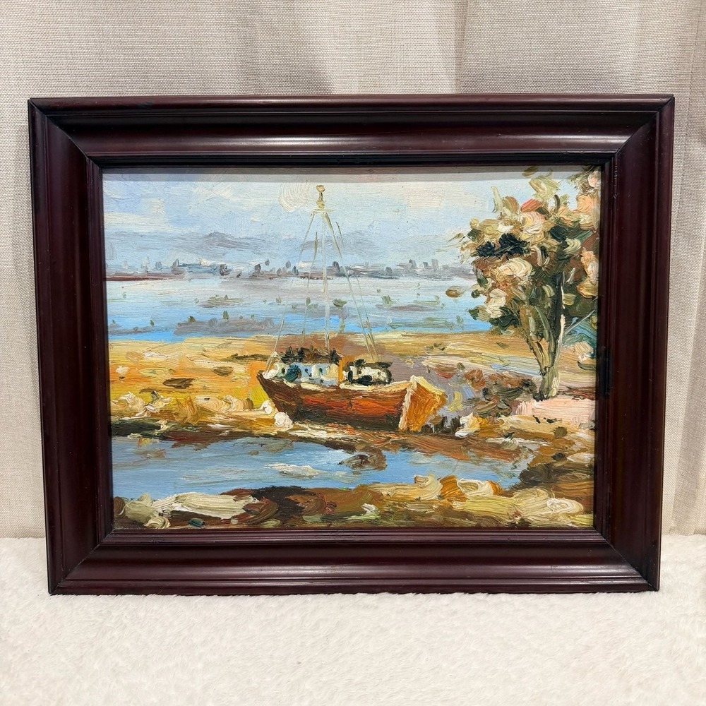 Impressionist Harbor Landscape Oil Painting with Docked Boat in Wood‎ Frame